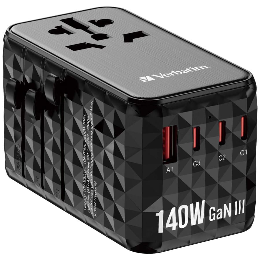 Verbatim 32125 UTA-10 140W GaN III Universal Travel Adapter with 2x USB-C PD 3.1 & QC 4+, USB-C PD 3