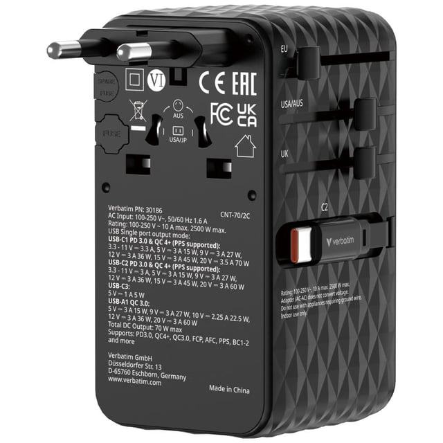 Verbatim 30186 Charge "n" Travel 70W 2C retractable Universal Travel Adapter, AC, 250 V, 10 A, Black