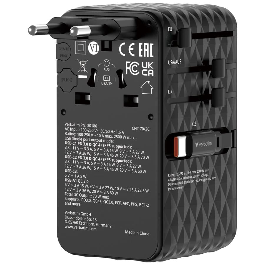 Verbatim 30186 Charge "n" Travel 70W 2C retractable Universal Travel Adapter, AC, 250 V, 10 A, Black