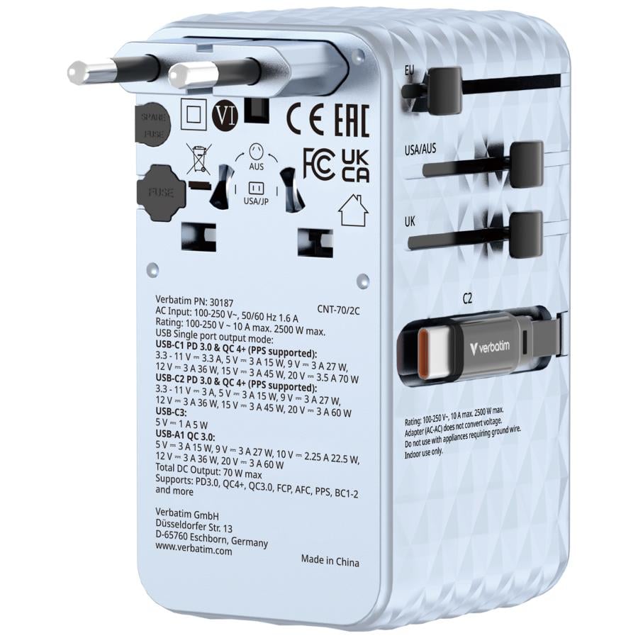 Verbatim 30187 Charge "n" Travel 70W 2C retractable Universal Travel Adapter Blue, Indoor, AC, 250 V