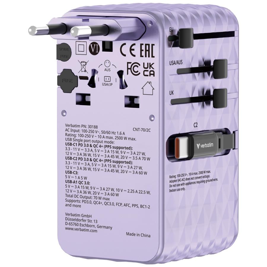 Verbatim 30188 Charge "n" Travel 70W 2C retractable Universal Travel Adapter Purple, Indoor, AC, 250