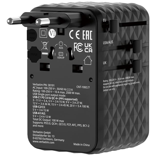 Verbatim 30191 Charge "n" Travel 100W Universal Travel Adapter with retractable cable Black, Indoor