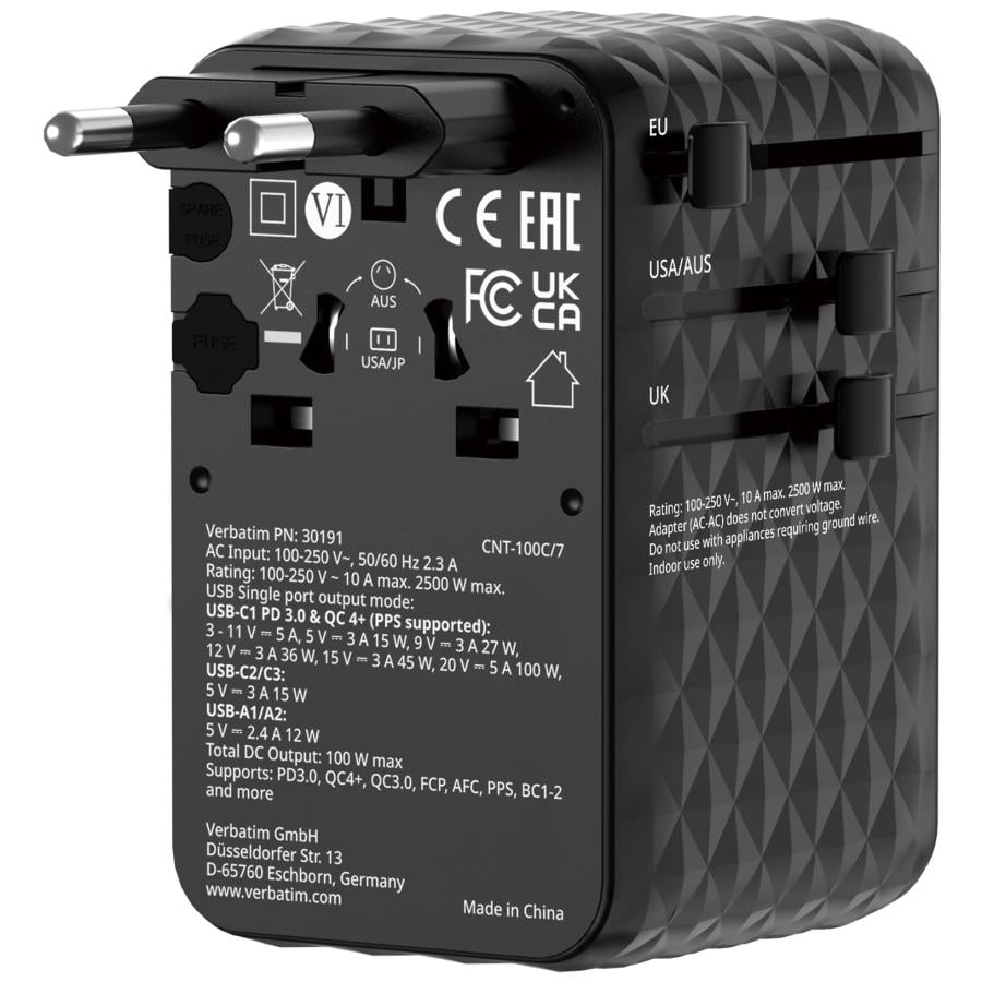 Verbatim 30191 Charge "n" Travel 100W Universal Travel Adapter with retractable cable Black, Indoor