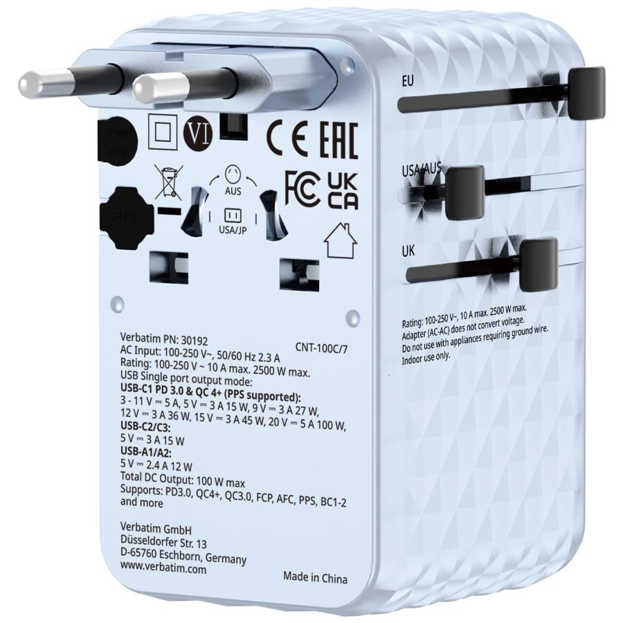 Verbatim 30192 Charge "n" Travel 100W Universal Travel Adapter with retractable cable, USB-C, Blue