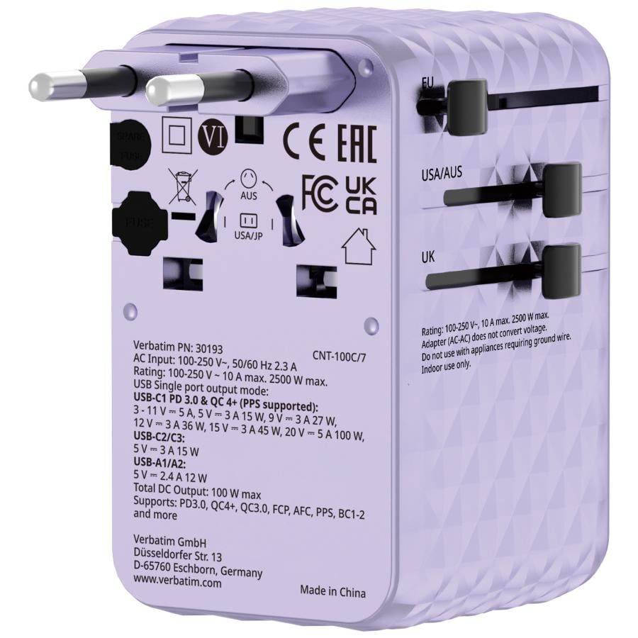 Verbatim 30193 Charge "n" Travel 100W Universal Travel Adapter with retractable cable, USB-C, Purple