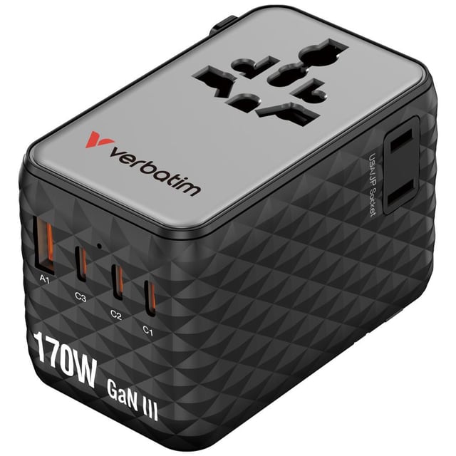 Verbatim 30190 Charge "n" Travel 170W Universal Travel Adapter Black, Indoor, AC, 250 V, 10 A, Black