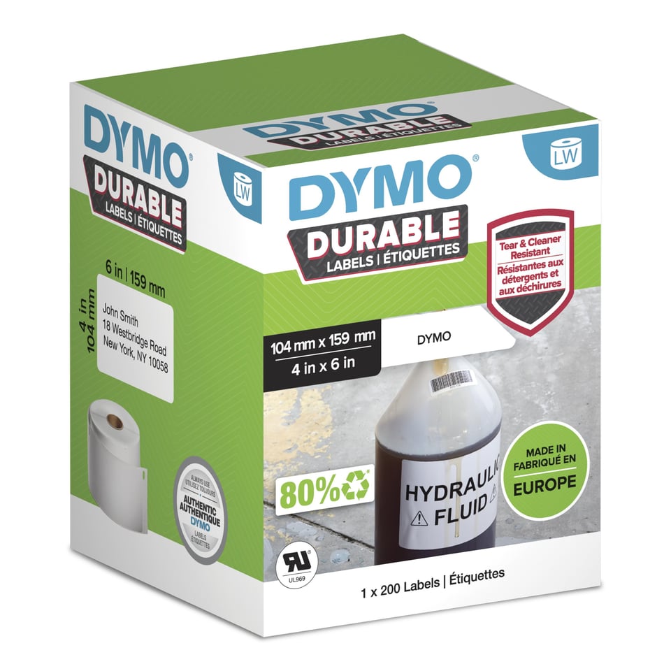 DYMO originele Duurzame LabelWriter labels | 104 mm x 159 mm | Witte Poly | 200 grote zelfklevende etiketten | Stevige labels voor de LabelWriter labelprinters