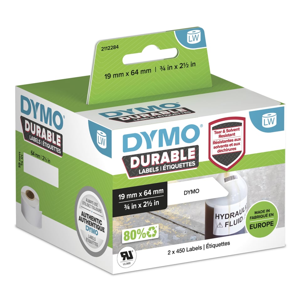 DYMO originele Duurzame LabelWriter labels | 19 mm x 64 mm | Witte Poly | 2 rollen met elk 450 labels (900 zelfklevende etiketten) | Stevige labels voor de LabelWriter labelprinters