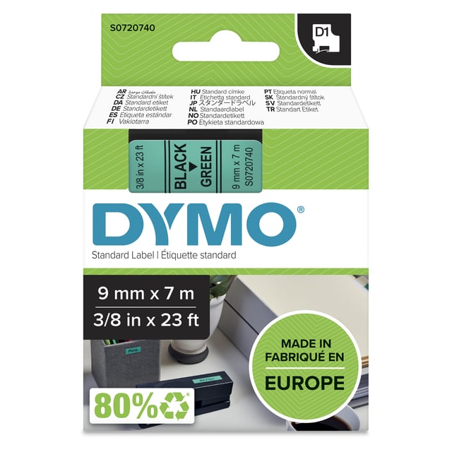 DYMO originele D1 labels | Zwarte Tekst op Groen Label | 9 mm x 7 m | zelfklevende etiketten voor de LabelManager labelprinter | gemaakt in Europa