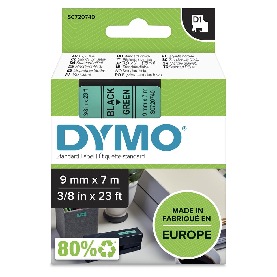 DYMO originele D1 labels | Zwarte Tekst op Groen Label | 9 mm x 7 m | zelfklevende etiketten voor de LabelManager labelprinter | gemaakt in Europa