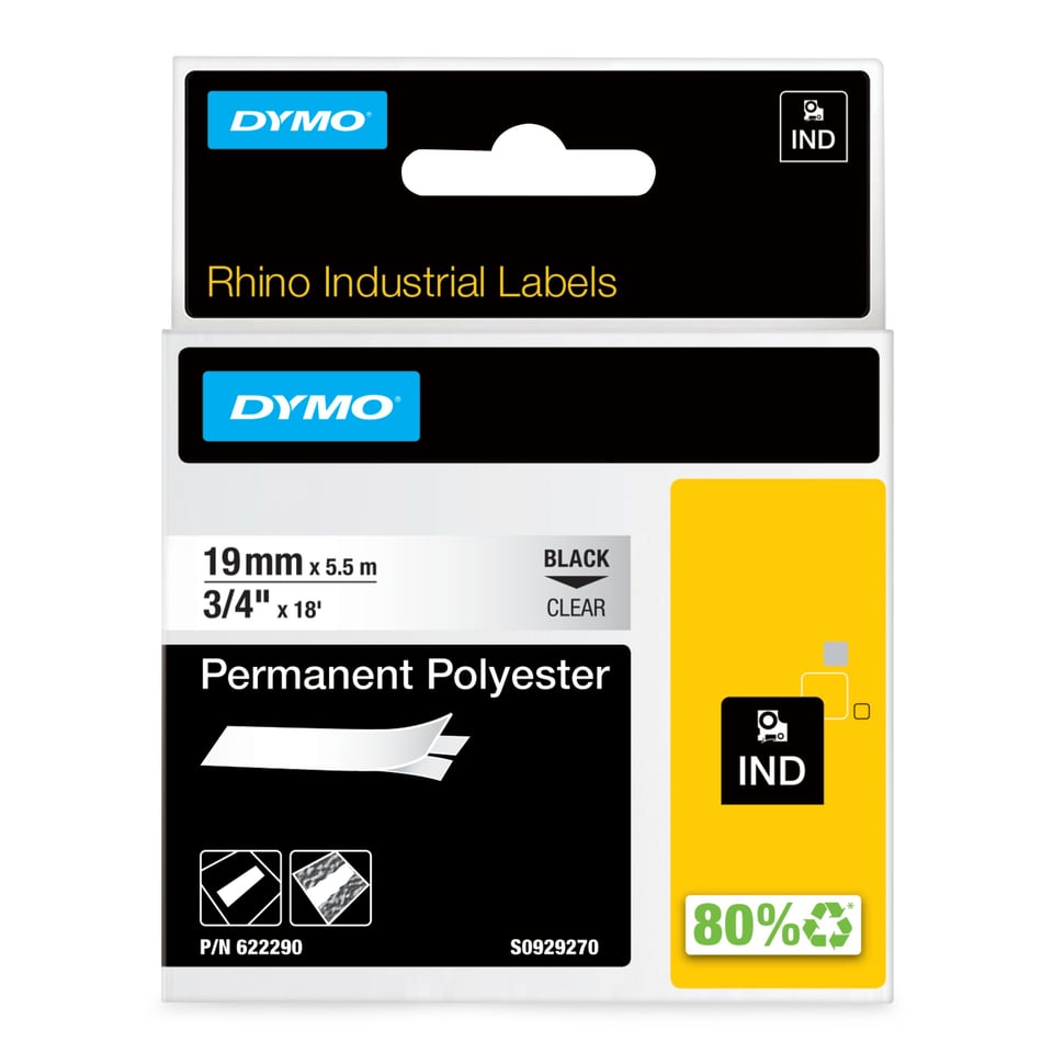 DYMO Rhino industriële labels | Permanent Polyester | 19 mm x 3,5 m | zwarte afdruk op transparant | zelfklevende labels voor Rhino & LabelManager labelprinters
