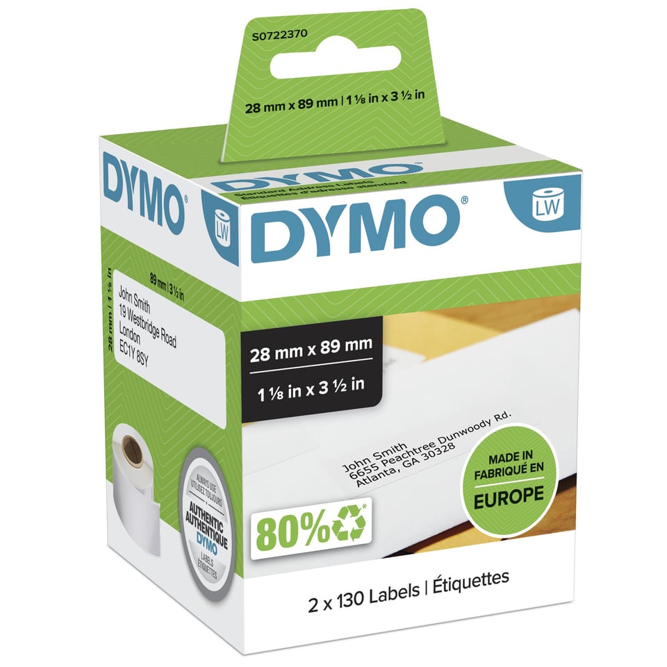 DYMO originele LabelWriter adreslabels | 28 mm x 89 mm | 2 rollen met elk 130 labels (260 zelfklevende etiketten) | Geschikt voor de LabelWriter labelprinters | Gemaakt in Europa
