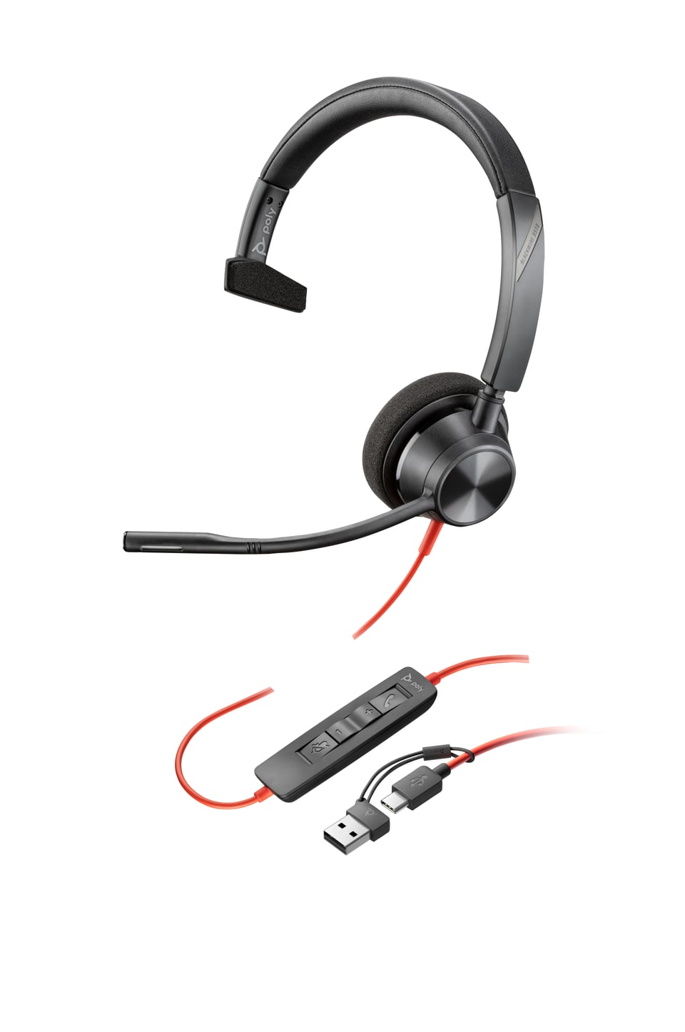 HP Poly Blackwire 3310 Monaural USB-C Headset + USB-C/A adapter
