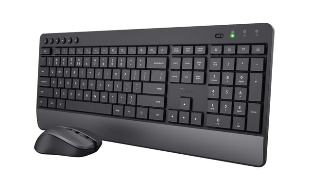 Trust Trezo - Draadloze Toetsenbord en Muis set - met polssteun - vlakke toetsen - Qwerty US - Zwart