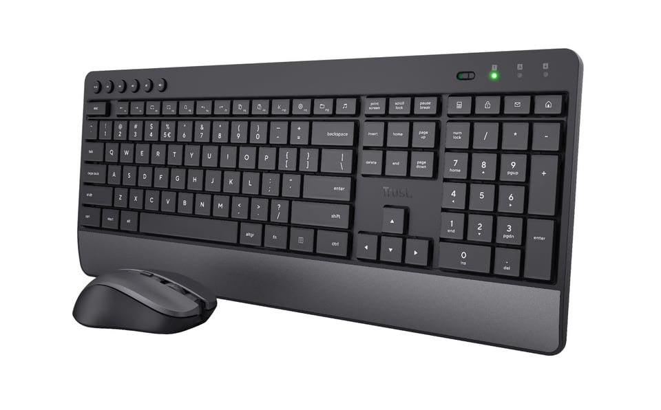 Trust Trezo - Draadloze Toetsenbord en Muis set - met polssteun - vlakke toetsen - Qwerty US - Zwart