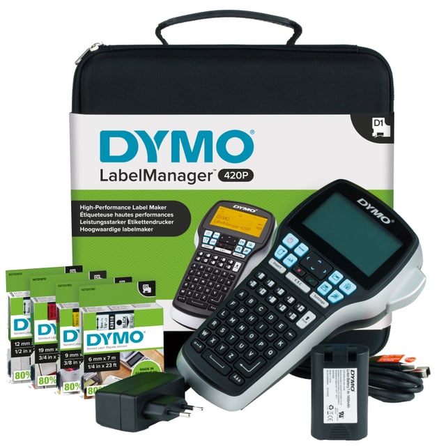 DYMO LabelManager 420P hoogpresterende oplaadbare draagbare labelmakerkit | ABC-toetsenbord met 4 rollen D1-labels en draagkoffer