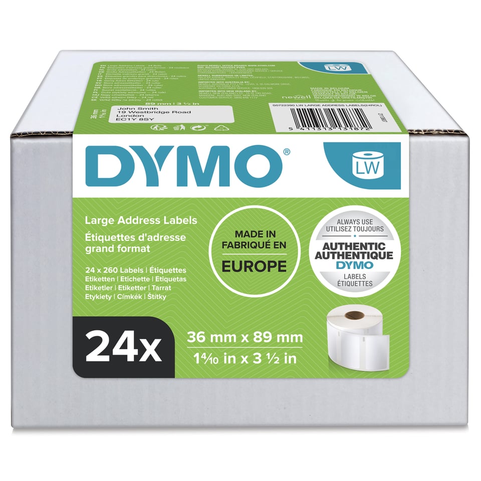DYMO originele grote LabelWriter adreslabels | 36 mm x 89 mm | 24 rollen met elk 260 labels (6.240 zelfklevende etiketten) | Geschikt voor de LabelWriter labelprinters | Gemaakt in Europa