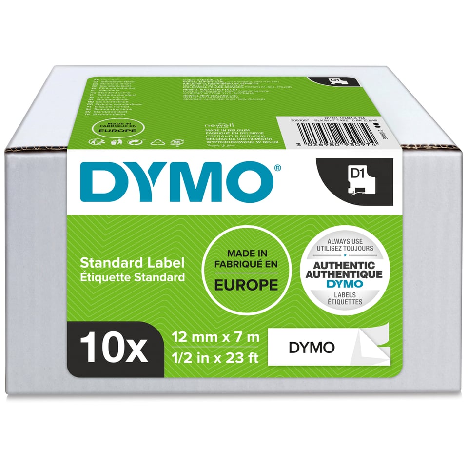 DYMO originele D1 labels | Zwarte Tekst op Wit Label | 12 mm x 7 m | zelfklevende etiketten voor de LabelManager labelprinters | 10 stuks | gemaakt in Europa