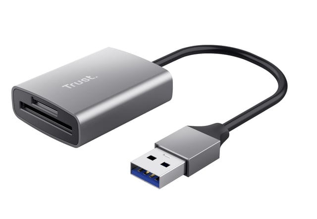 Trust Dalyx Snelle USB‑kaartlezer – geheugenkaartlezer – USB 3.2‑kaartlezer – Aluminium behuizing – Zilver
