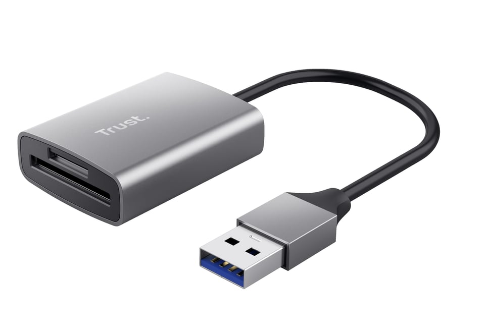 Trust Dalyx Snelle USB‑kaartlezer – geheugenkaartlezer – USB 3.2‑kaartlezer – Aluminium behuizing – Zilver