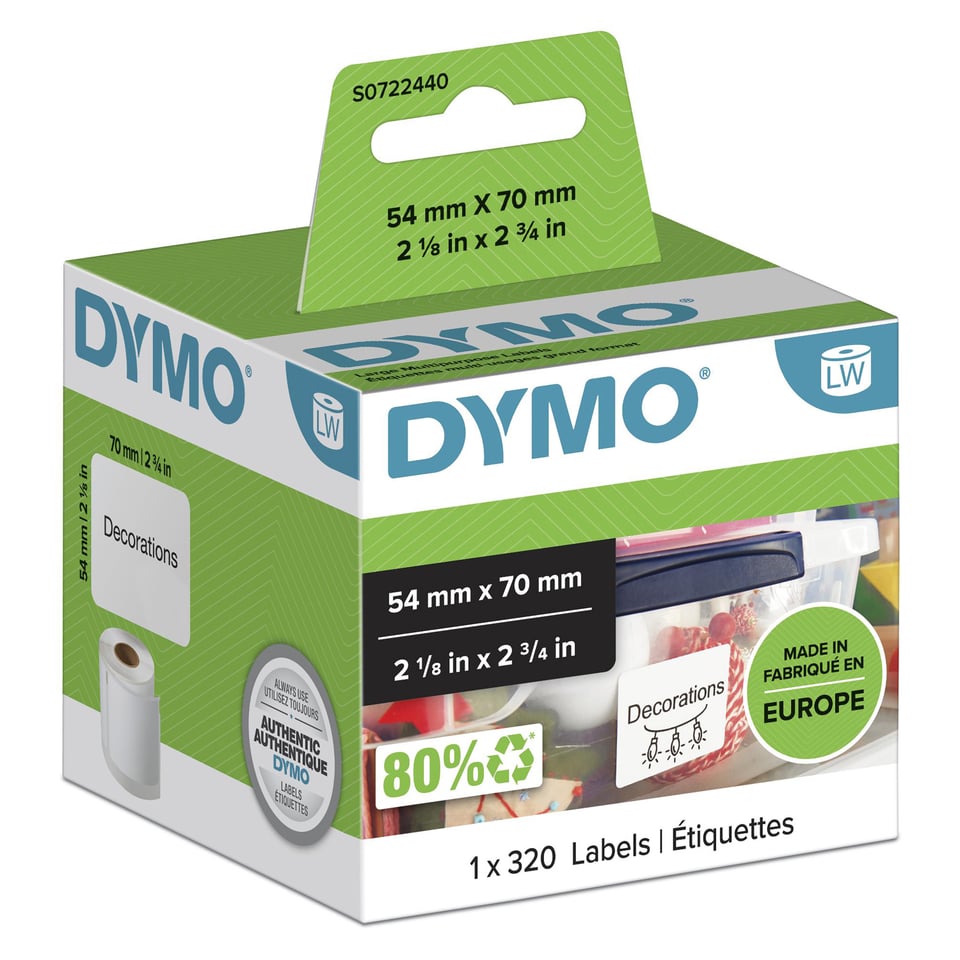 DYMO originele multifunctionele LabelWriter labels | 54 mm x 70 mm | 320 zelfklevende etiketten | voor de LabelWriter labelprinters | gemaakt in Europa