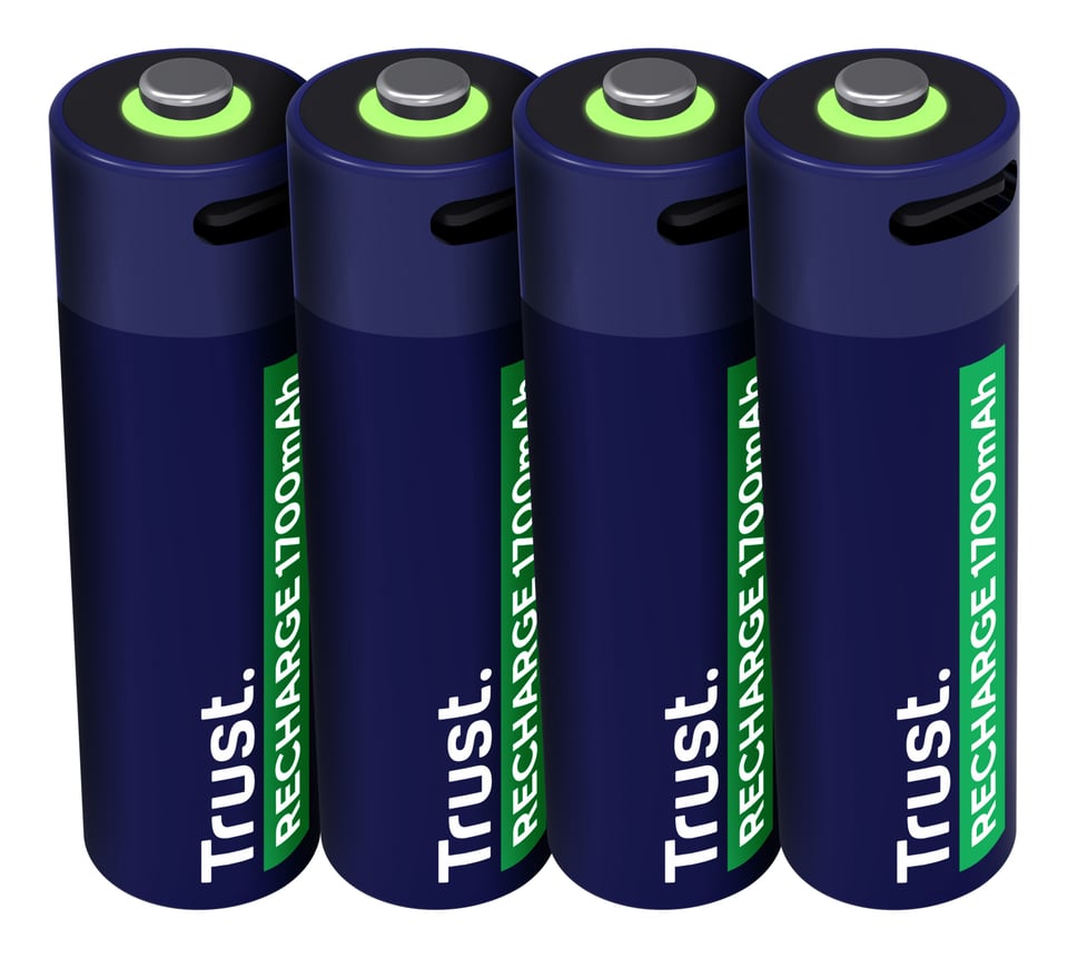 Trust USB-C Oplaadbare AA Batterijen 4-pack - Oplaadbare AA batterijen – USB-C oplaadbaar – 4 stuks – Blauw