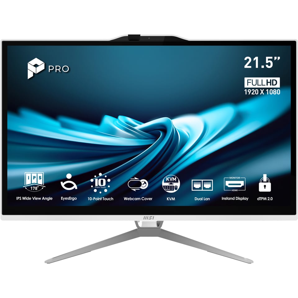 MSI Pro AP222T 14M-623EU Intel® Pentium® Gold G7400 54,6 cm (21.5") 1920 x 1080 Pixels Touchscreen Alles-in-één-pc 8 GB DDR4-SDRAM 128 GB SSD Windows 11 Pro Wi-Fi 5 (802.11ac) Wit