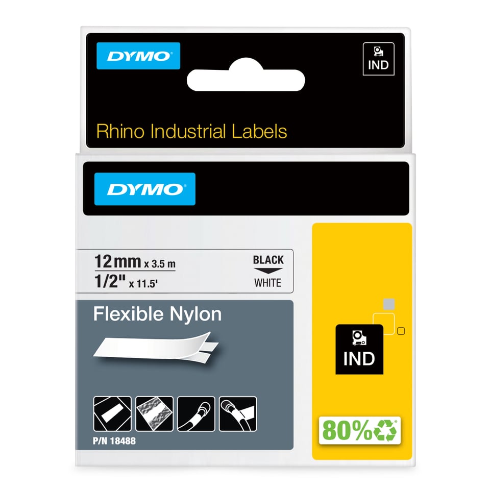 DYMO Rhino industriële Flexibele Nylon Labels | 12 mm x 3,5 m | zwarte afdruk op wit | zelfklevende labels voor Rhino & LabelManager labelprinters