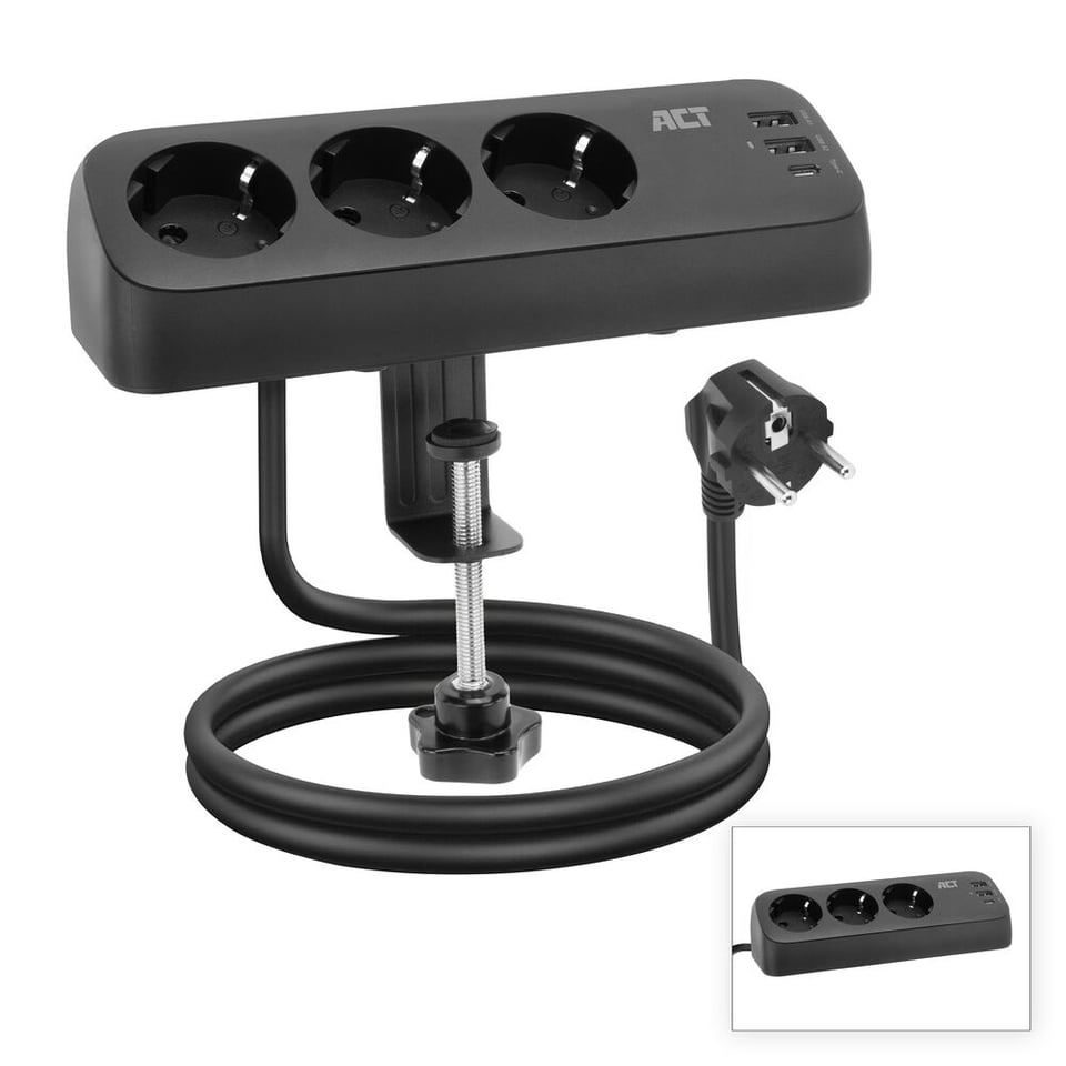 ACT Stekkerdoos met 3 type-F stopcontacten, 30W Power Delivery, USB Type-C/A poorten, kabellengte 1,5 meter