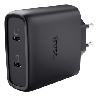 Trust Maxo GaN Laptoplader 65W - USB-C oplader – 2 USB-C poorten – 65W vermogen – Zwart