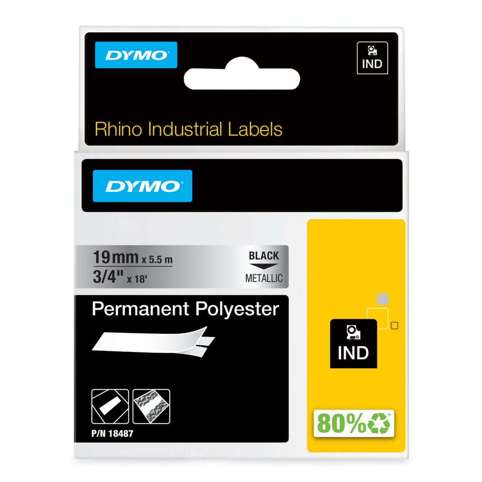 DYMO Rhino industriële labels | Permanent Polyester | 19 mm x 3,5 m | zwarte afdruk op metallic | zelfklevende labels voor Rhino & LabelManager labelprinters