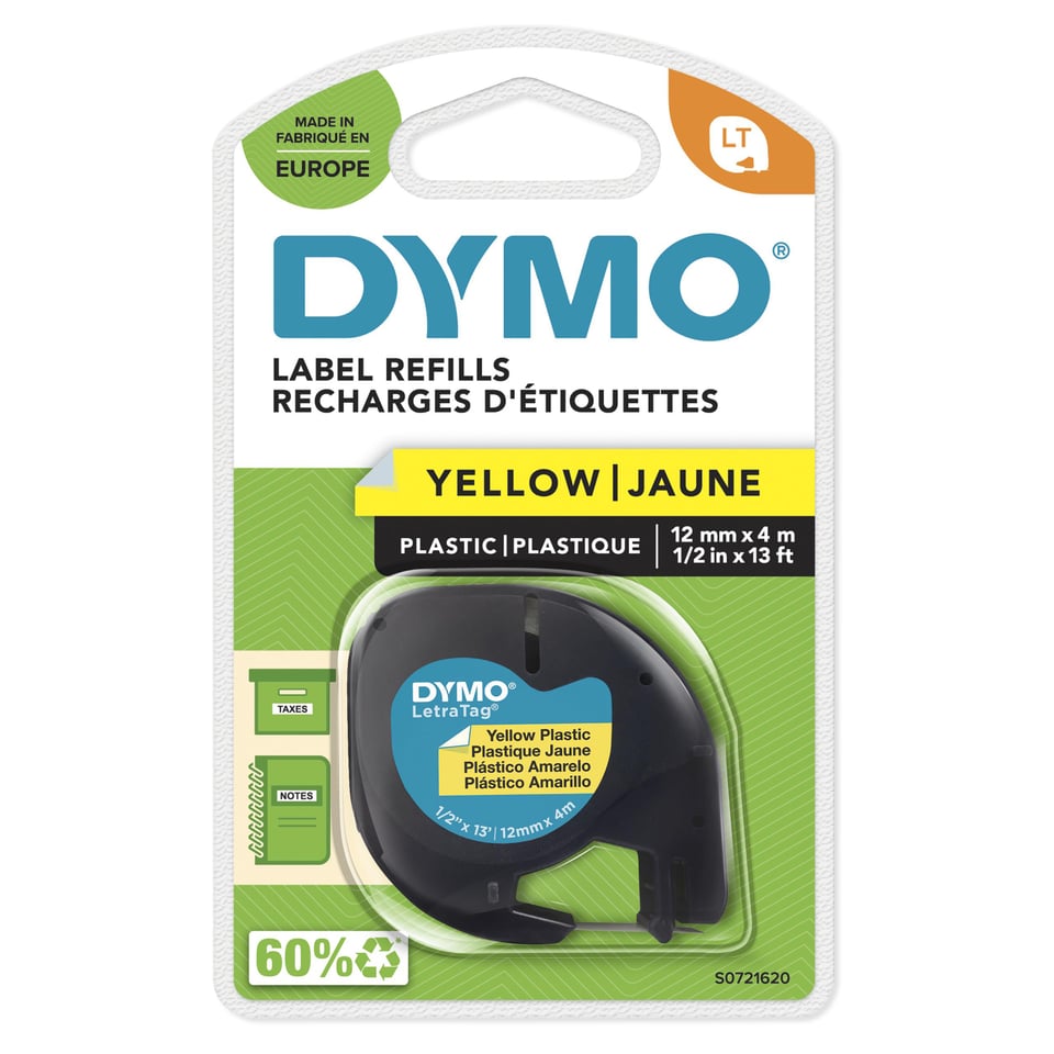 DYMO LetraTag originele plastic labels | Zwarte afdruk op gele etiketten | 12 mm x 4 m | Zelfklevende multifunctionele labels voor LetraTag labelprinters | gemaakt in Europa