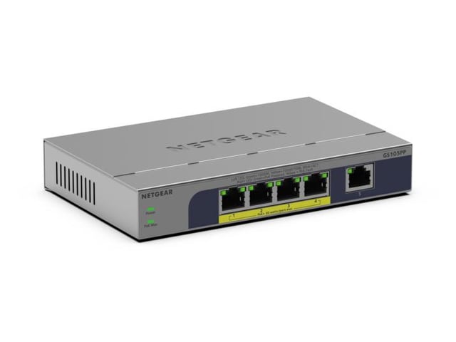 NETGEAR GS105PP Unmanaged Gigabit Ethernet (10/100/1000) Power over Ethernet (PoE) Bureaublad-/wandmontage Grijs