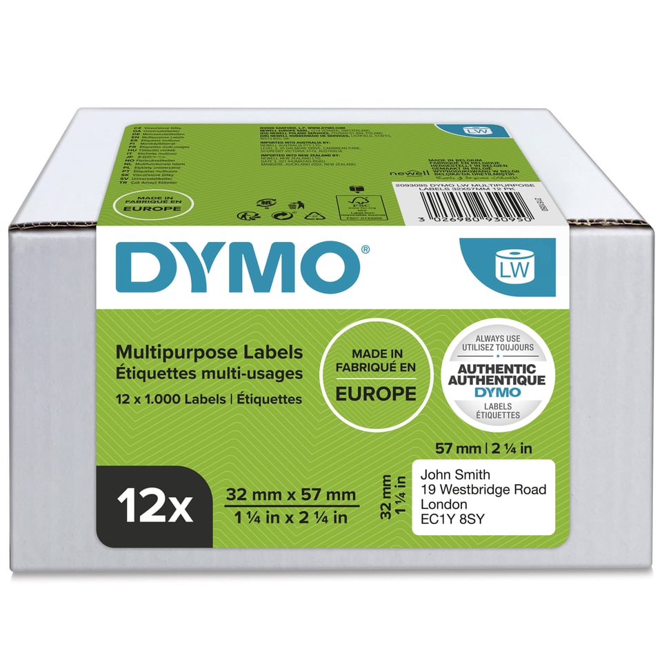 DYMO originele LabelWriter multifunctionele labels | 32 mm x 57 mm | 12 met elk 1000 labels (12.000 zelfklevende etiketten) | voor de LabelWriter labelprinters | gemaakt in Europa