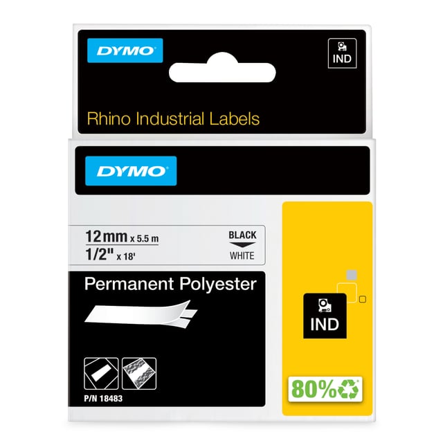 DYMO Rhino industriële labels | Permanent Polyester | 12 mm x 3,5 m | zwarte afdruk op wit | zelfklevende labels voor Rhino & LabelManager labelprinters