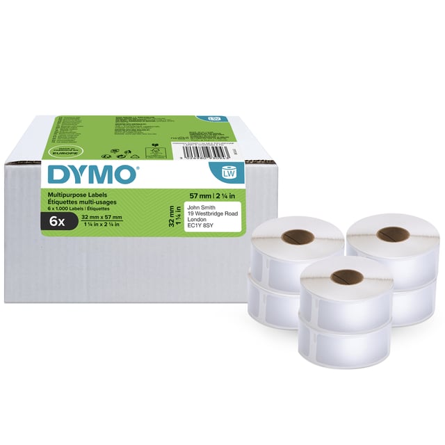 DYMO originele LabelWriter multifunctionele labels | 32 mm x 57 m | 6 rollen met elk 1.000 labels (6.000 zelfklevende etiketten) | Zelfklevend | voor de LabelWriter labelprinters