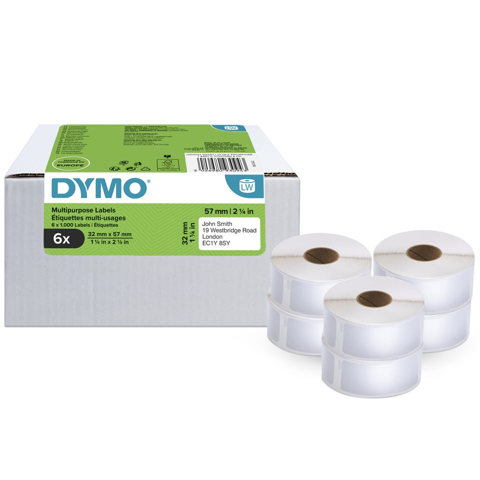 DYMO originele LabelWriter multifunctionele labels | 32 mm x 57 m | 6 rollen met elk 1.000 labels (6.000 zelfklevende etiketten) | Zelfklevend | voor de LabelWriter labelprinters