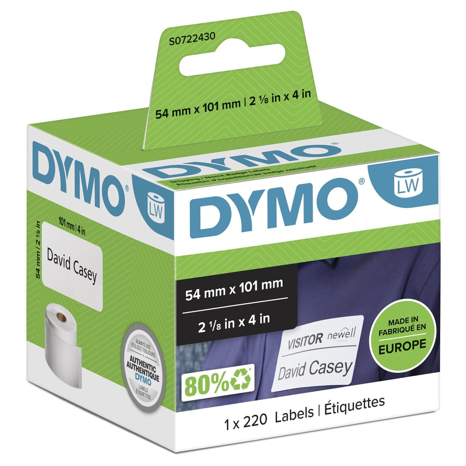 DYMO originele LabelWriter grote verzendlabels/naamkaarten | 54 mm x 101 mm | 220 zelfklevende etiketten | zwart op zwart | Geschikt voor de LabelWriter labelprinters | Gemaakt in Europa