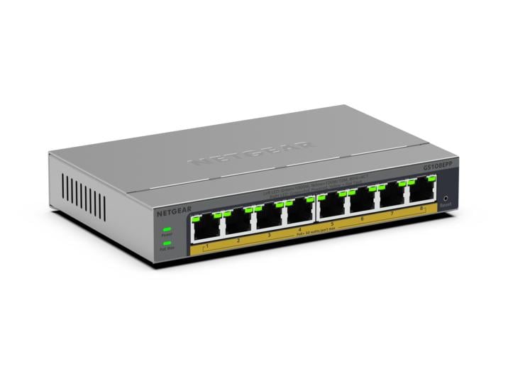 NETGEAR GS108EPP Unmanaged Gigabit Ethernet (10/100/1000) Power over Ethernet (PoE) Bureaublad-/wandmontage Grijs