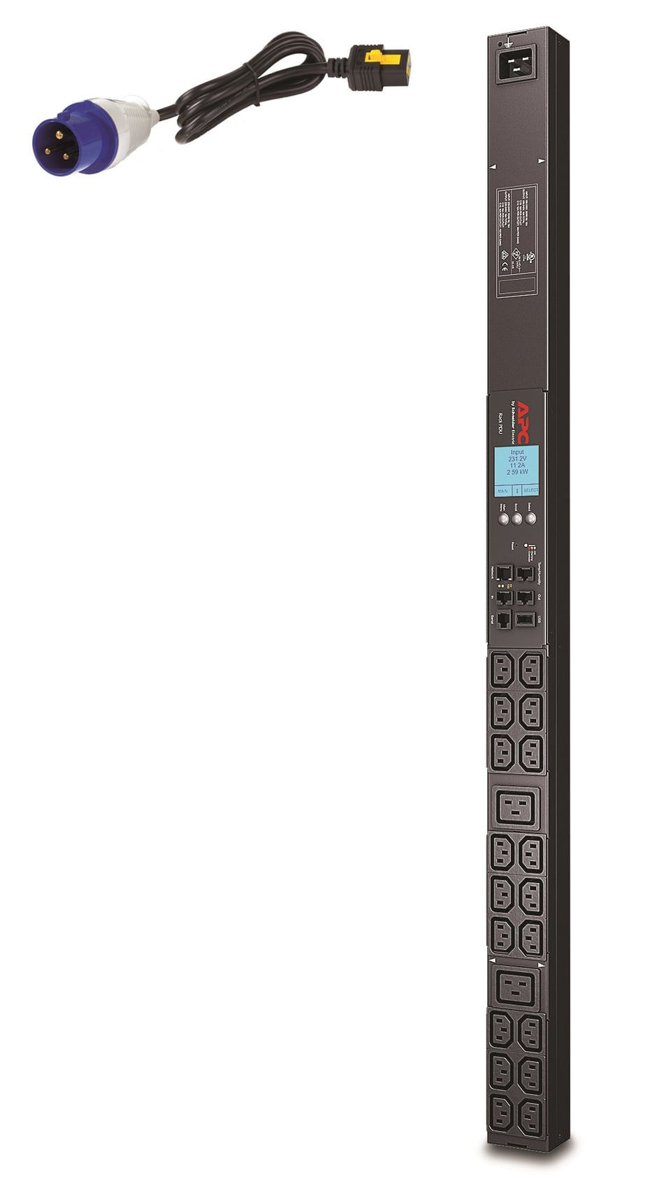 APC Rack PDU AP8858EU3 - Metered, ZeroU, 16A, 230V, (18x) C13 & (2x) C19, IEC 309 16A stekker