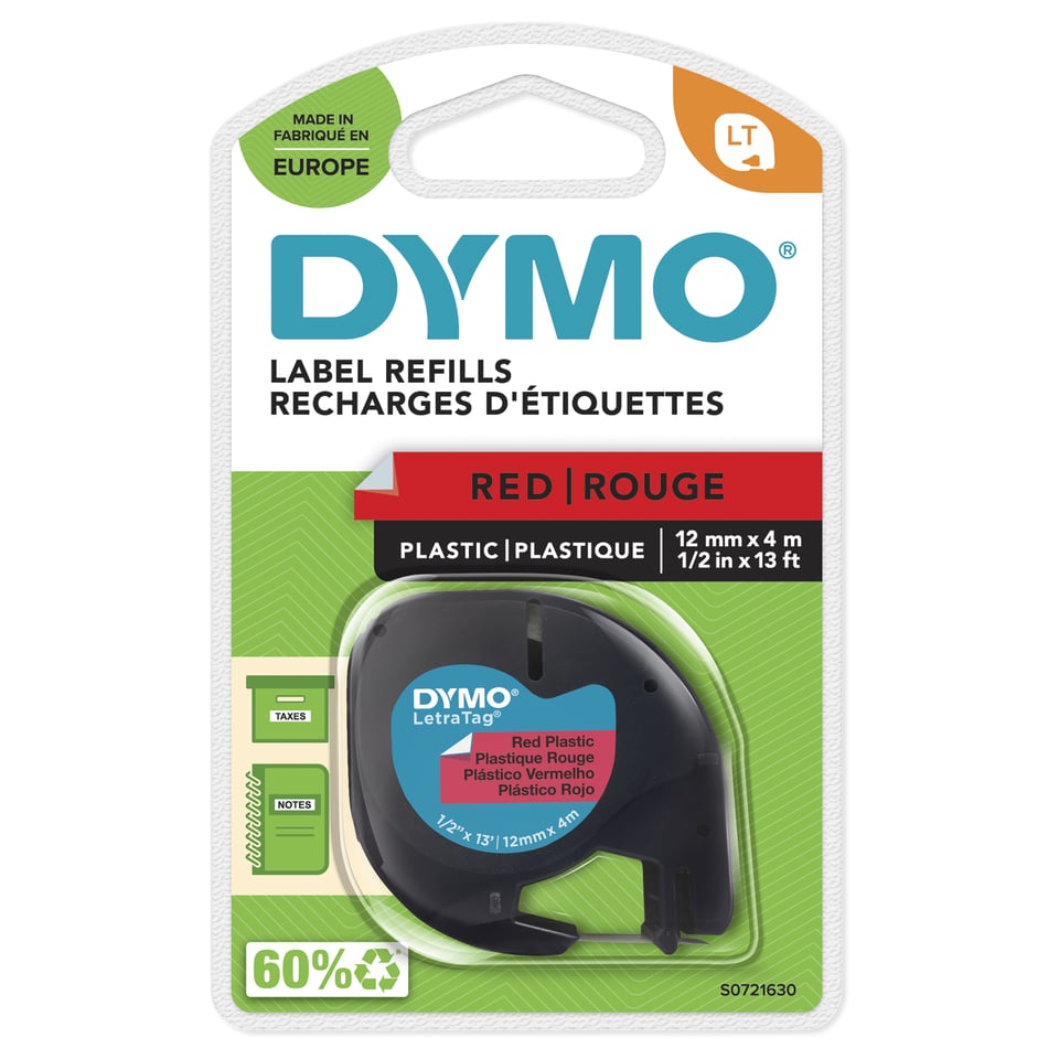 DYMO LetraTag originele plastic labels | Zwarte afdruk op rode etiketten | 12 mm x 4 m | Zelfklevende multifunctionele labels voor LetraTag labelprinters | gemaakt in Europa