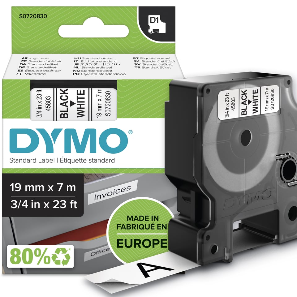 DYMO originele D1 labels | Zwarte Tekst op Wit Label | 19 mm x 7 m | Zelfklevende etiketten voor de LabelManager labelprinter | gemaakt in Europa