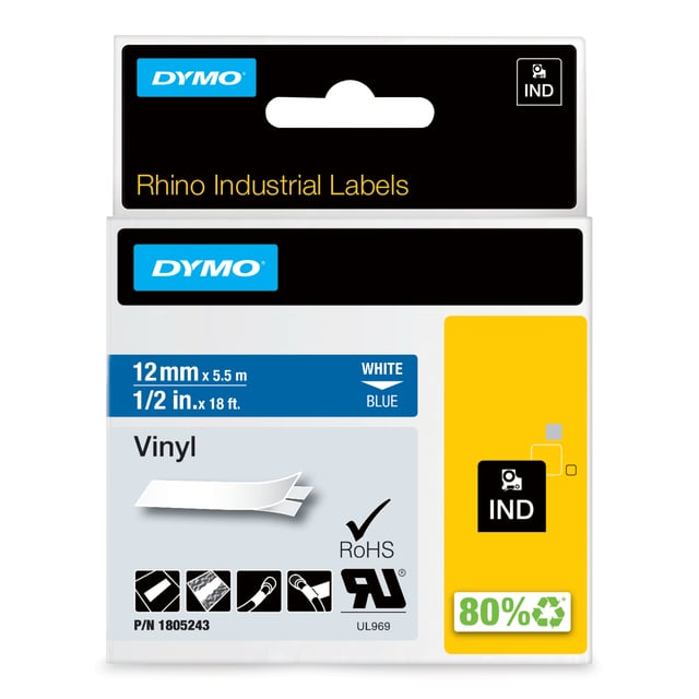 DYMO Rhino industriële Vinyl Labels | 12 mm x 5,5 m | witte afdruk op blauw | zelfklevende labels voor Rhino & LabelManager labelprinters