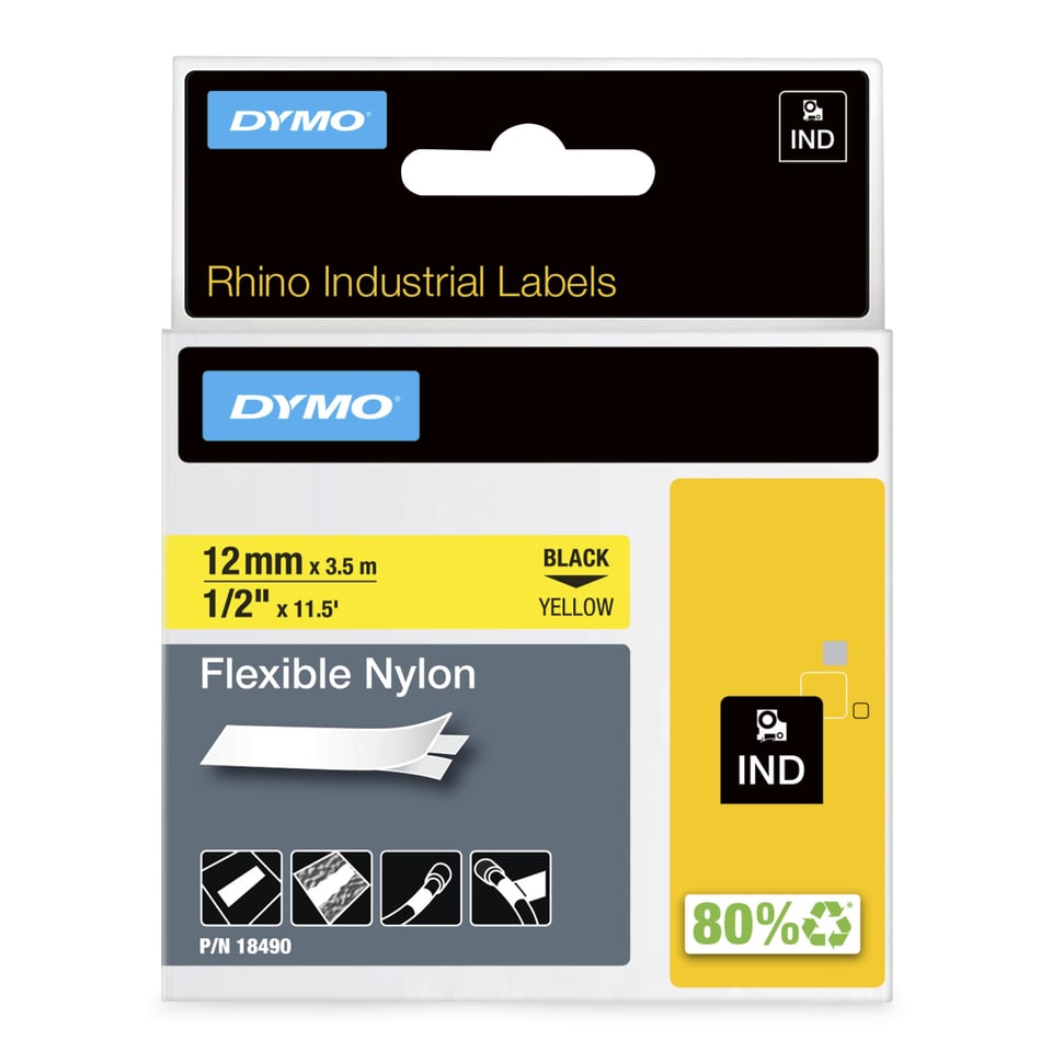 DYMO Rhino industriële Flexibele Nylon Labels | 12 mm x 3,5 m | zwarte afdruk op geel | zelfklevende labels voor Rhino & LabelManager labelprinters