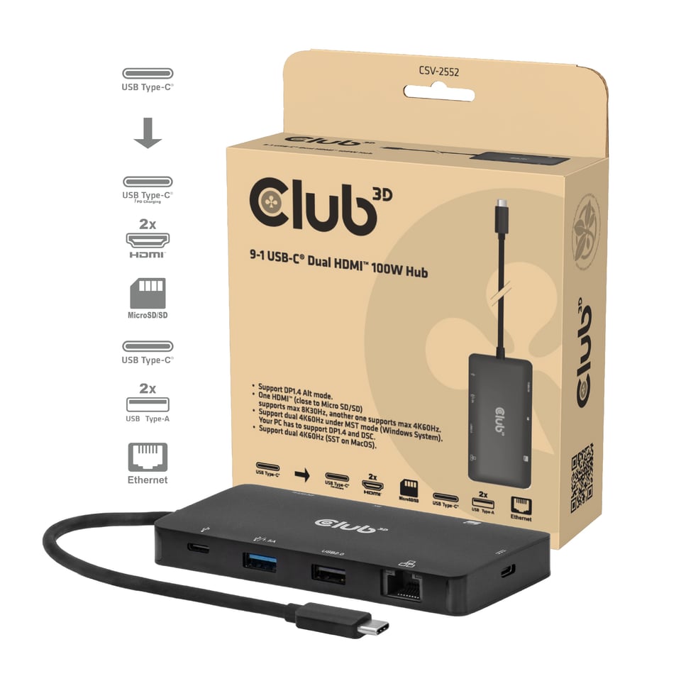 CLUB3D 9-1 Dual HDMI™ USB-C® Hub PD3.0 100W