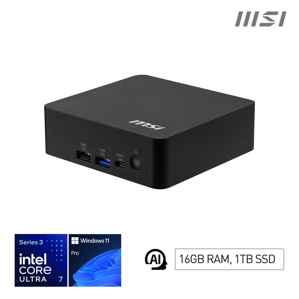 MSI Cubi NUC AI+ 3MG-003EU Copilot+ PC Intel Core Ultra 7 355 16 GB DDR5-SDRAM 1 TB SSD Windows 11 Pro Mini PC Zwart