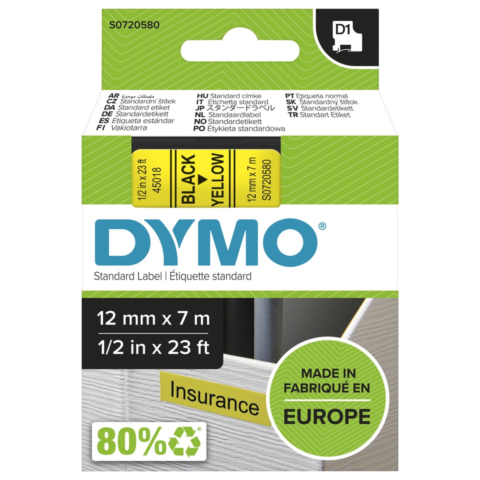 DYMO originele D1 labels | Zwarte Tekst op Geel Label | 12 mm x 7 m | Zelfklevende etiketten voor de LabelManager labelprinter | gemaakt in Europa