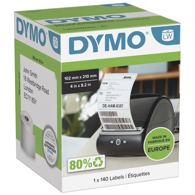 DYMO originele LabelWriter DHL labels voor hoge capaciteit | 102 mm x 210 mm| 140 postlabels | zelfklevende etiketten voor de LabelWriter 4XL/5XL labelprinters