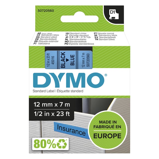 DYMO originele D1 labels | Zwarte Tekst op Blauw Label | 12 mm x 7 m | zelfklevende etiketten voor de LabelManager labelprinter | gemaakt in Europa