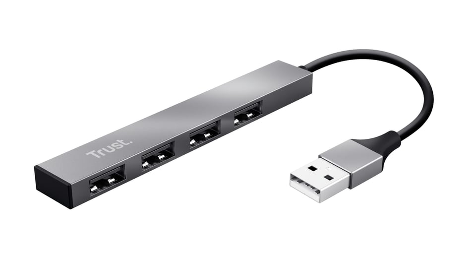 Trust Halyx Aluminium 4‑poorts mini‑USB‑hub – USB‑hub – USB‑hub 4‑poorten – Plug‑and‑play – Aluminium behuizing – Zilver